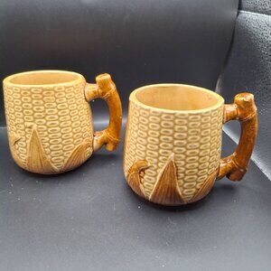 Vintage Majolica Corn Coffee Mug  Ceramic Corn Cob & Stalk Handle Mugs Set Of 2